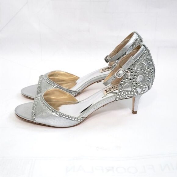 Badgley, Mishka sandal Silver Leather Bling Ankle Strap Kitten Heel 8 - Picture 4 of 12